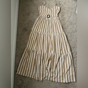 Windsor Tan and White Striped Maxi Dress with Belt